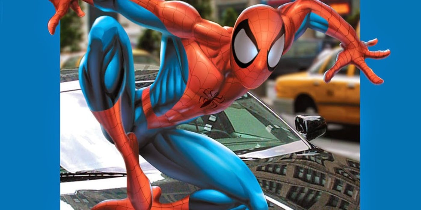 Ultimate Spider-Man jumping on a car.