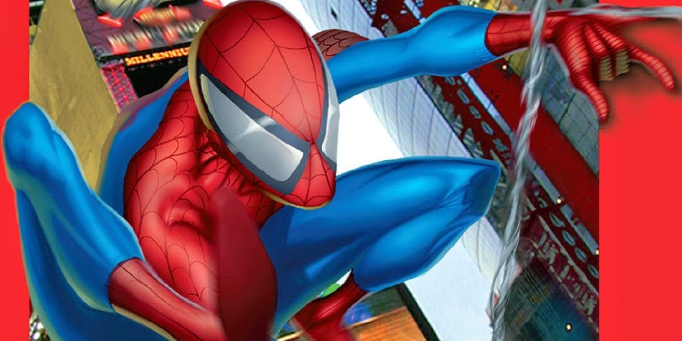 Ultimate Spider-Man swinging through New York City.