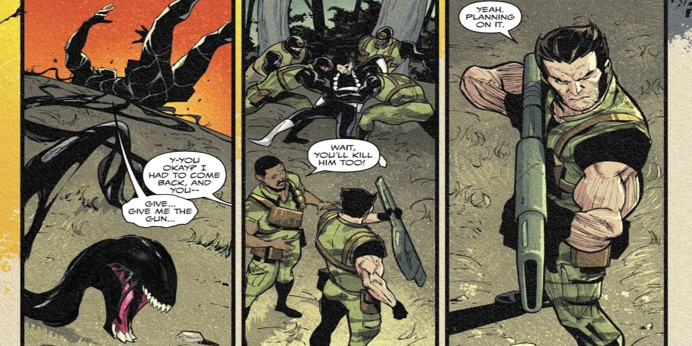 Wolverine killing symbiotes during the Vietnam War.