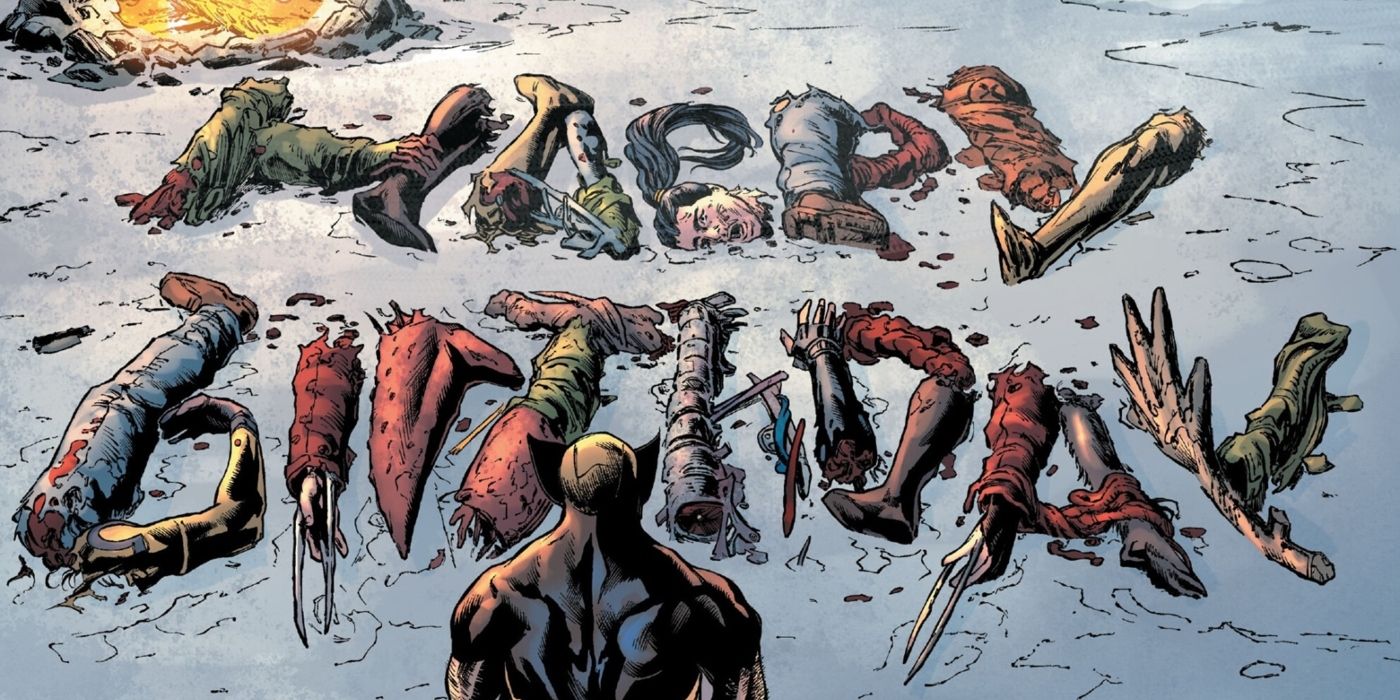 Wolverine kneeling before the dismembered corpse of his that spells out &lsquo;happy birthday&rsquo;.