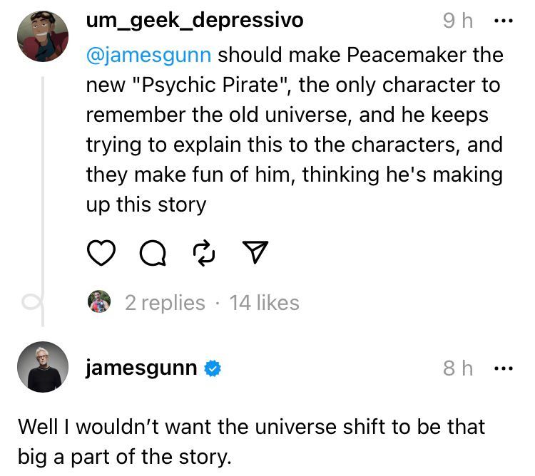 On Threads, James Gunn says that he does not want the multiverse shift to be a big part of Peacemaker's story