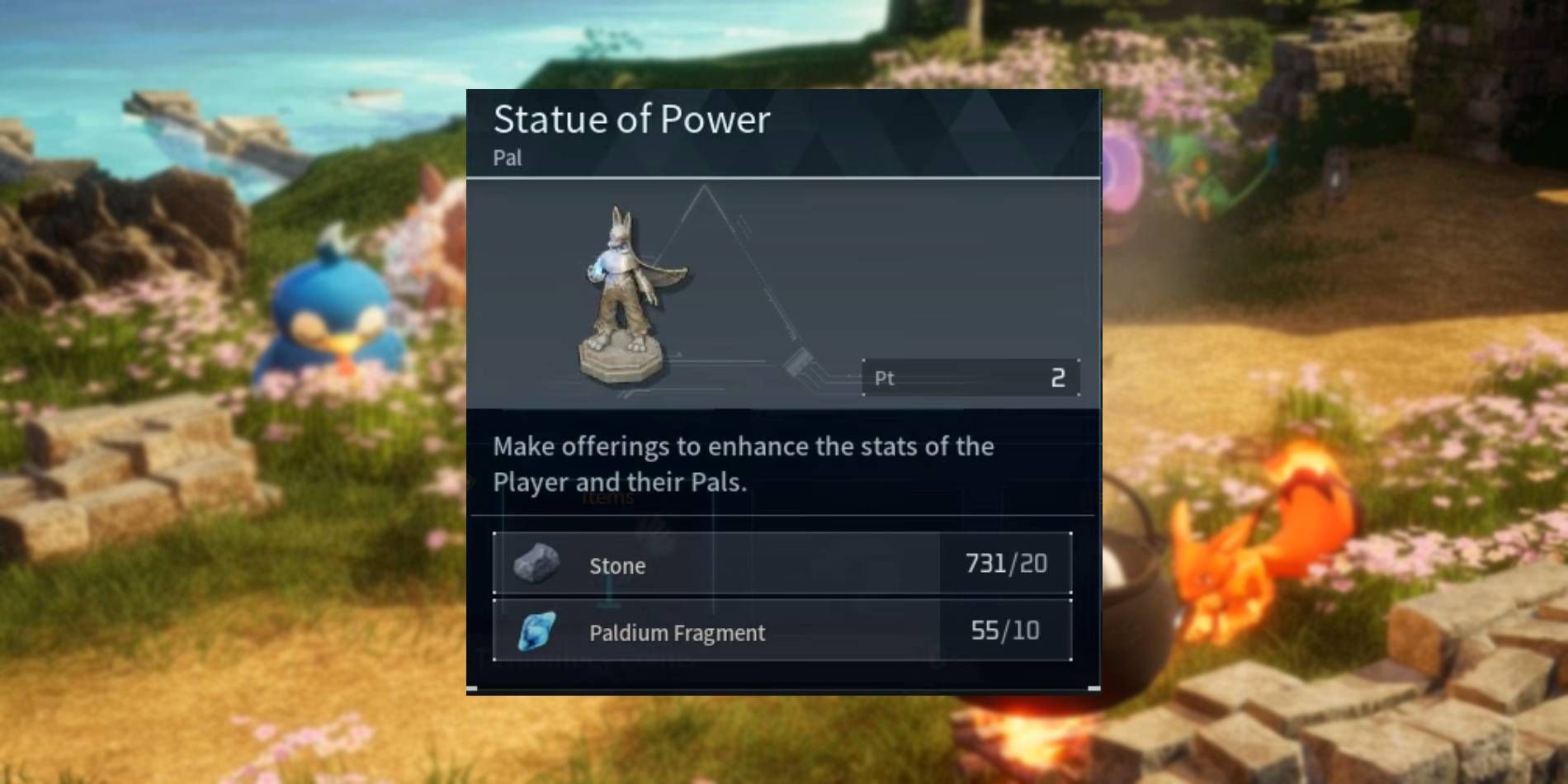 Palworld Statue of Power structure recipe with materials required displayed