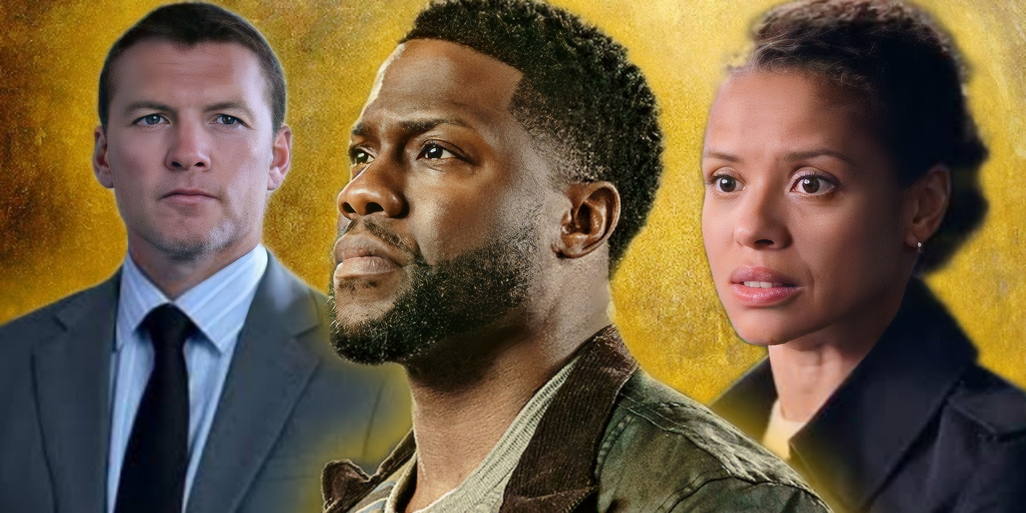 Sam Worthington as Huxley, Kevin Hart as Cyrus, and Gugu Mbatha-Raw as Abby in Netflix's Lift