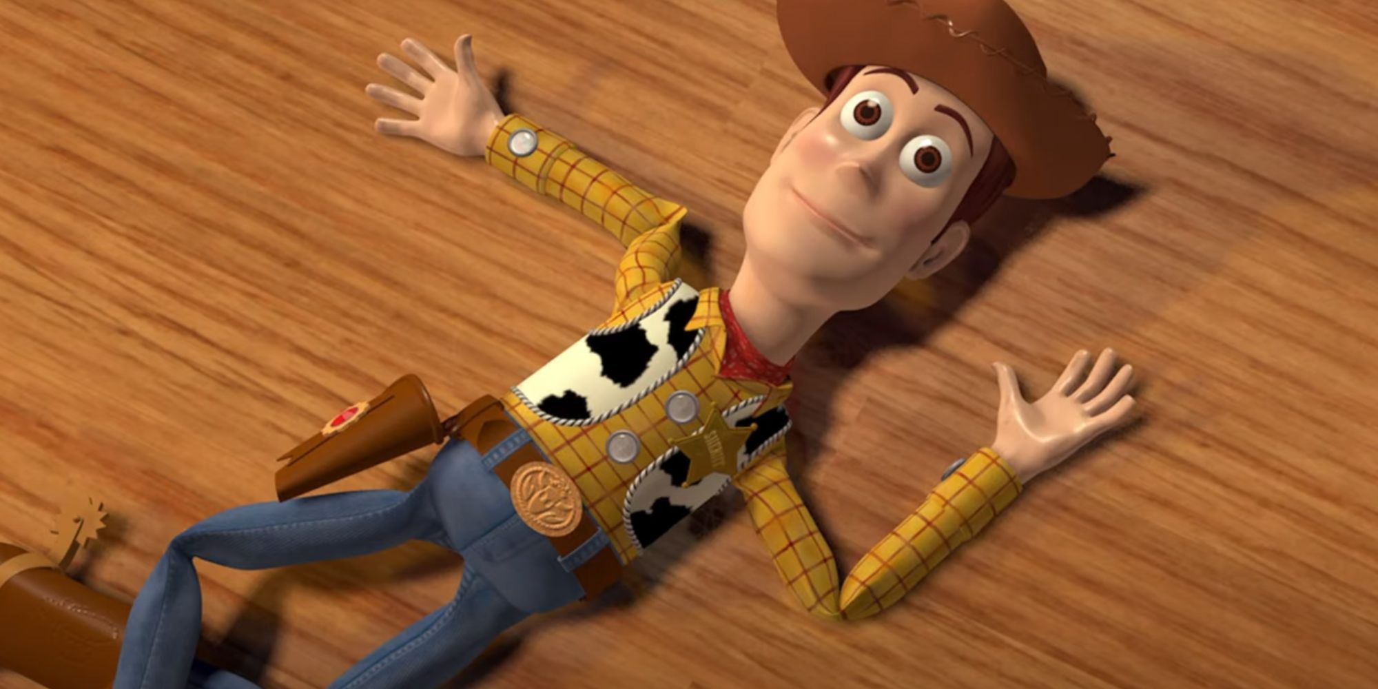 Woody lying limply on the floor in Toy Story