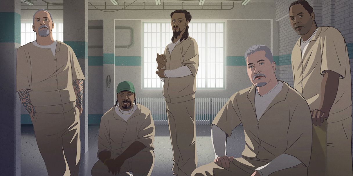 A rotoscope image on convicts in It's A Hard Truth, Ain't It