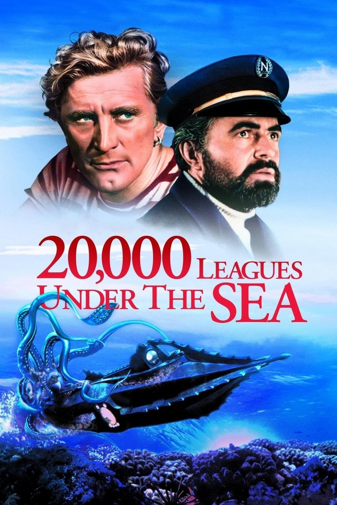 20,000 Leagues under the sea poster showing a submarine being attacked by a sea creature