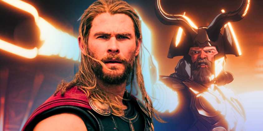Split image of Thor (Chris Hemsworth) in live action and Odin from What If...?