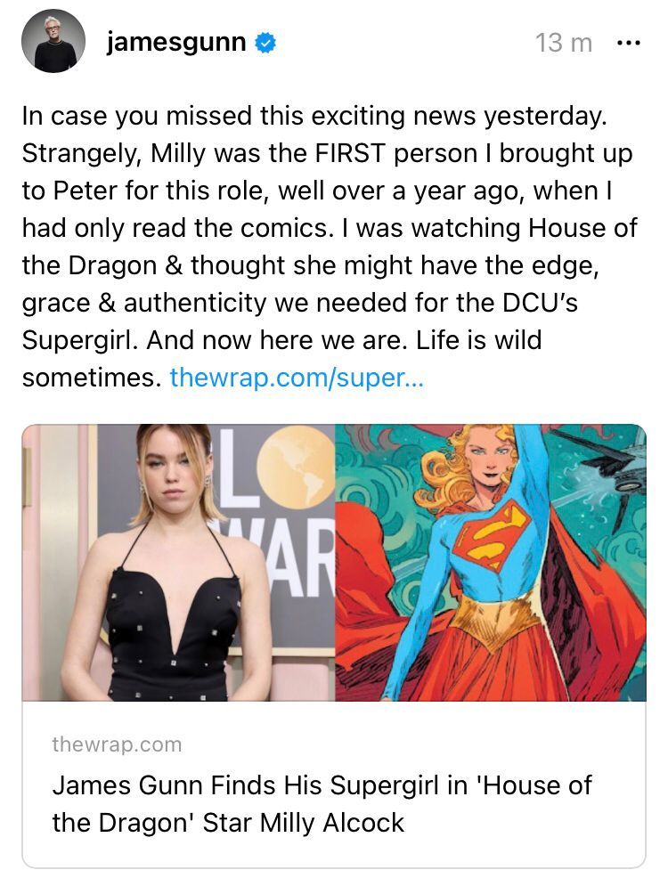 James Gunn Reveals What He Thought Of Supergirl Actress Milly Alcock When He First Saw Her On House Of The Dragon
