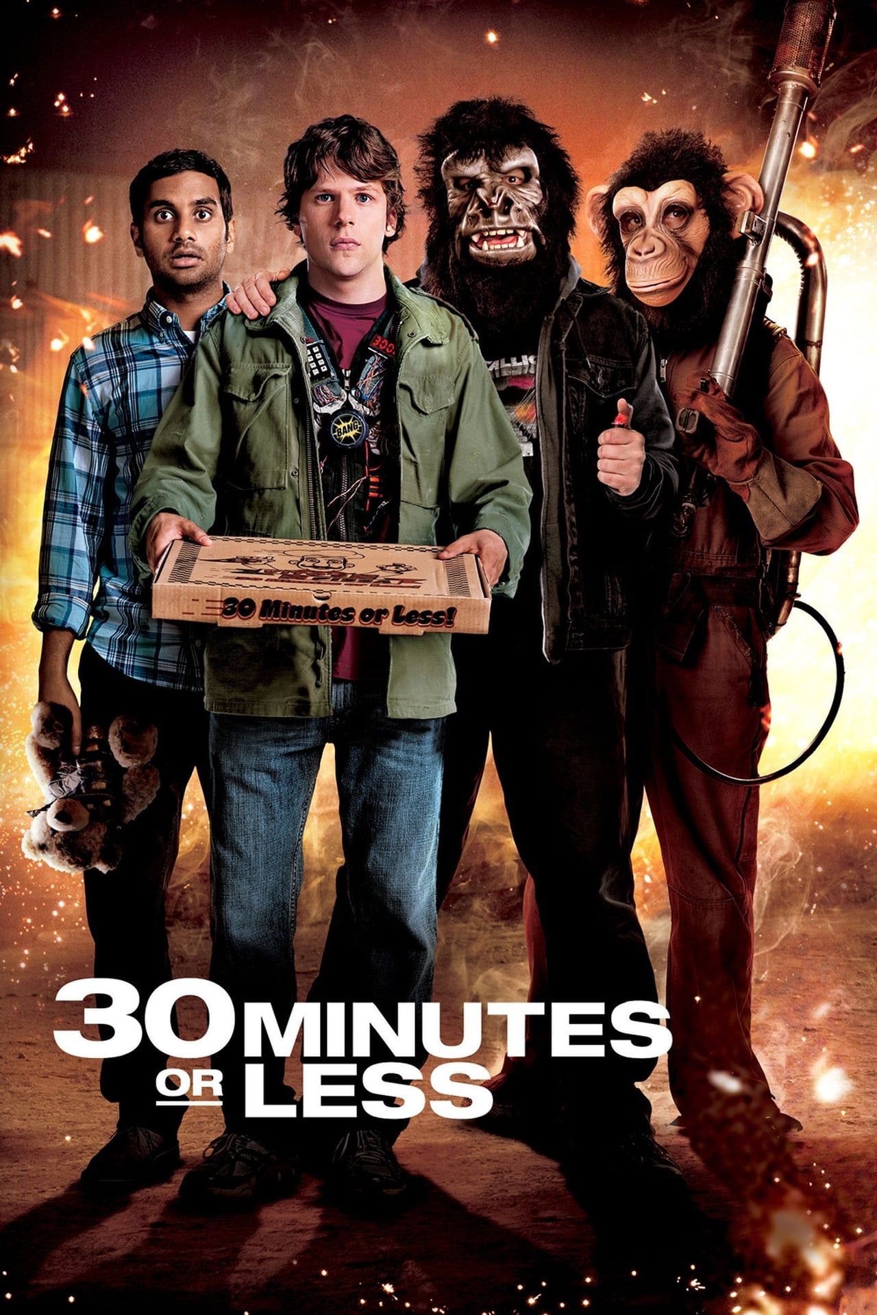 30 Minutes or Less showing Jesse Eisenberg with characters dressed as monkeys