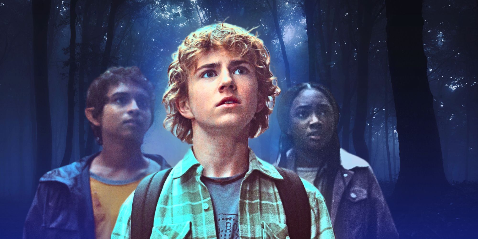 Grover, Percy, and Annabeth looking worried in a foggy forest in Percy Jackson and the Olympians