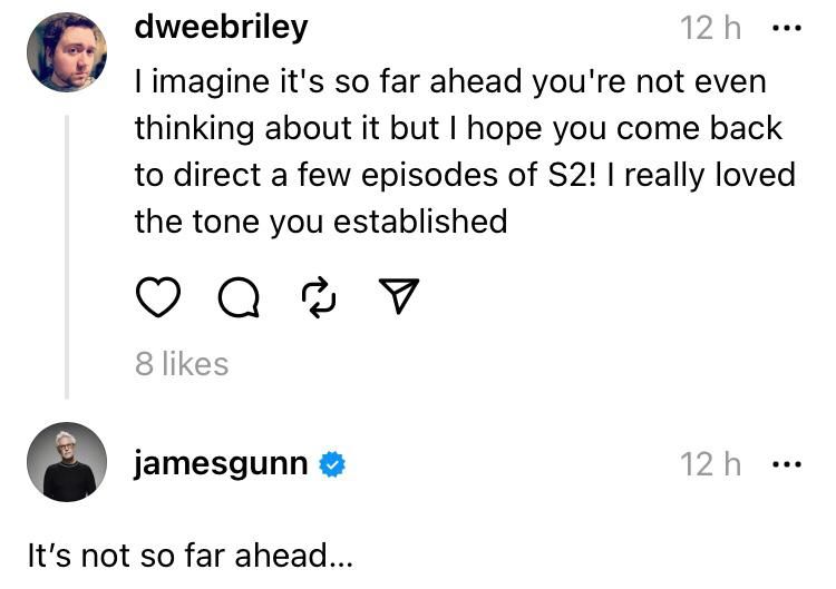 On Threads, James Gunn says Peacemaker season 2 filming is not so far ahead.