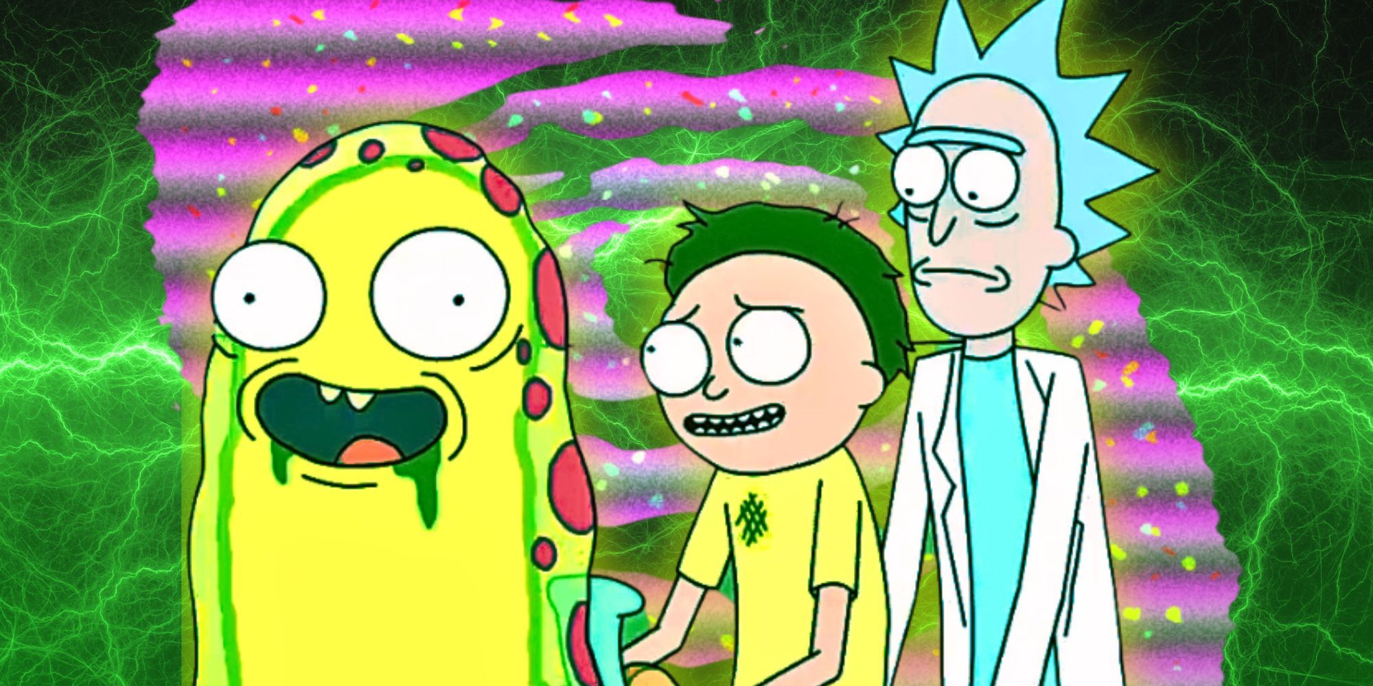 Rick and Morty riding a yellow slug-like creature