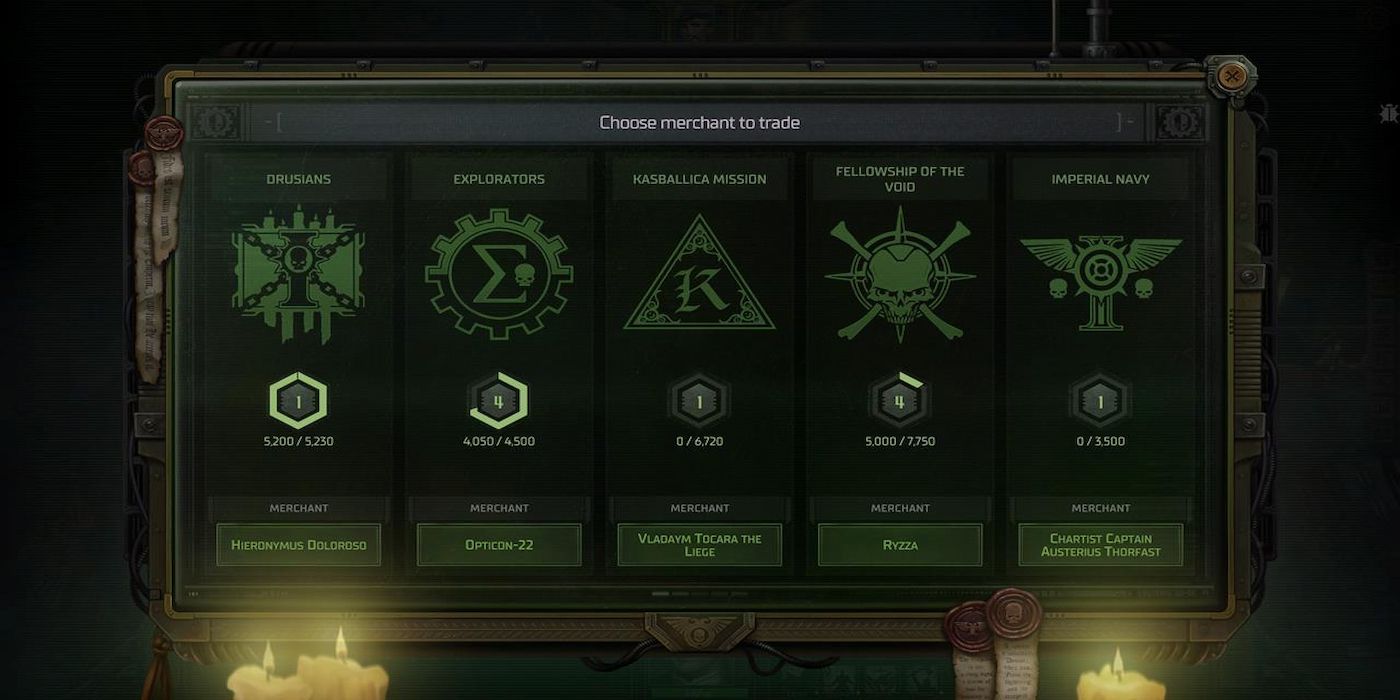 There are five factions that you can trade with to increase your reputation in Warhammer 40,000: Rogue Trader.