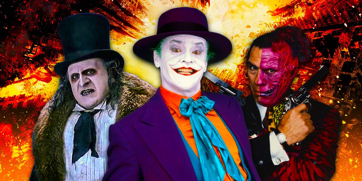 A blended image with the Penguin, the joker and two-face from the Burton Batman movies