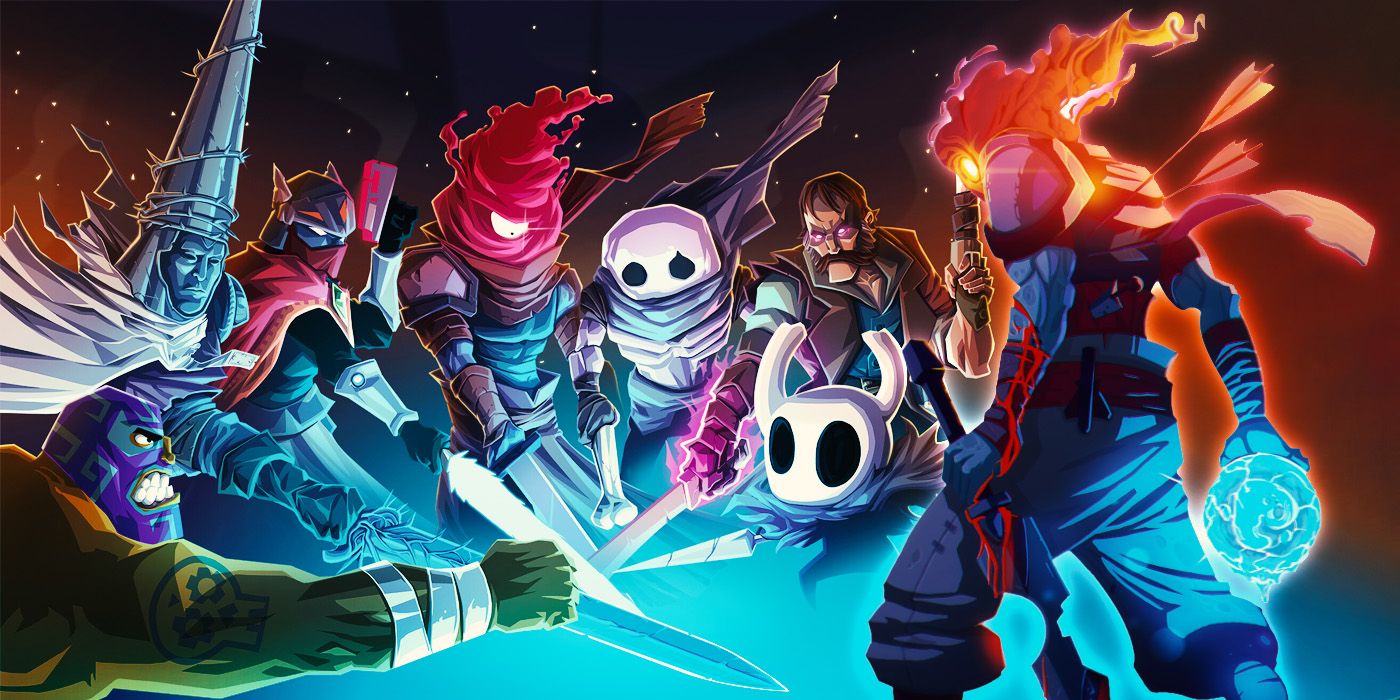 Dead Cells Main Character with Artwork of Nearly Every Collaboration with Other Games like Blasphemous, Hollow Knight, Etc.