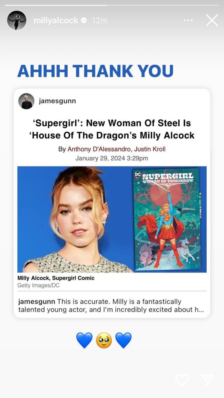 On Instagram, Milly Alcock responded to James Gunn’s confirmation of her Supergirl casting