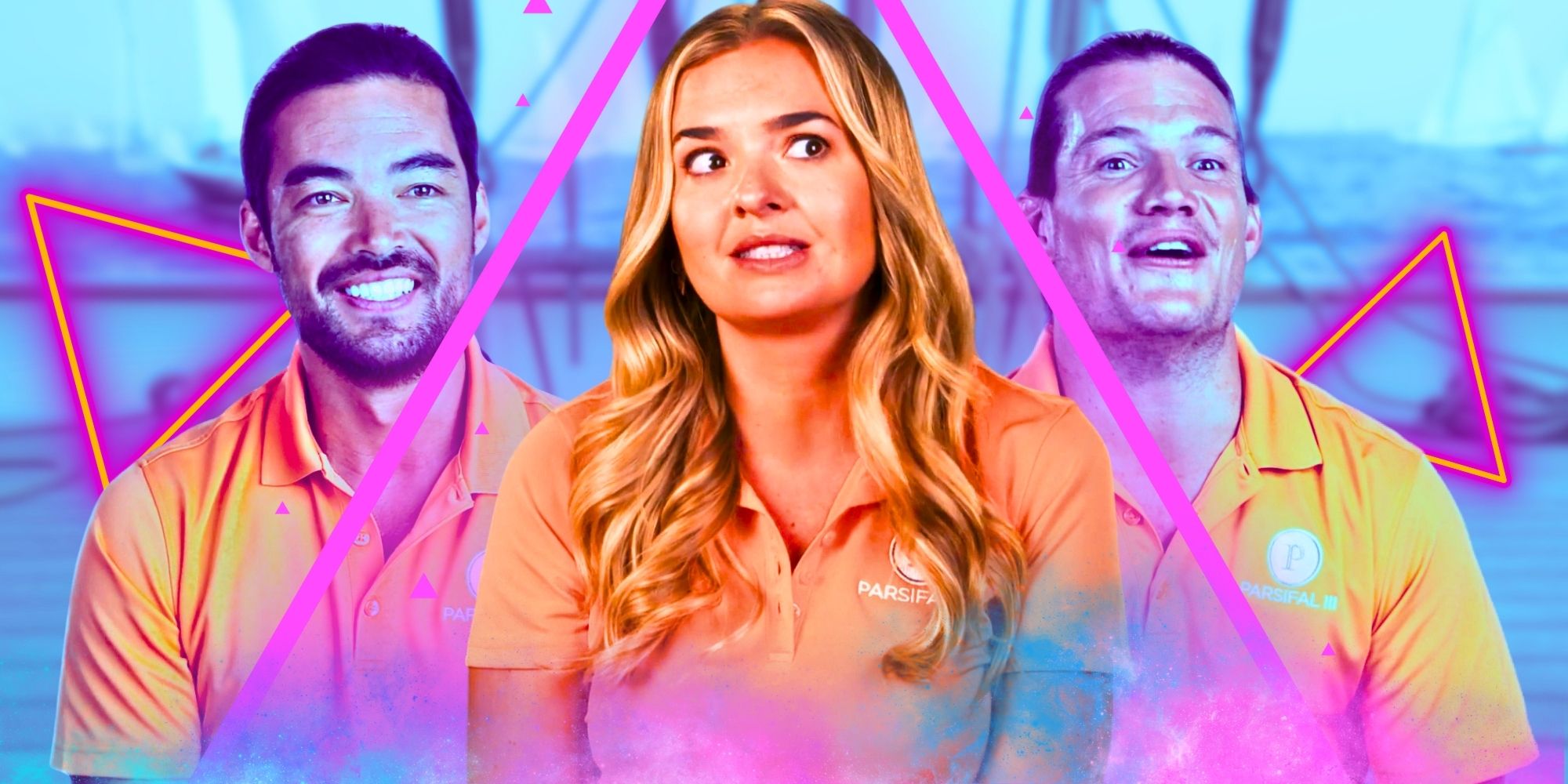 Daisy, Colin, And Gary from Below Deck Sailing Yacht in montage with pink triangles talking in their confessional interviews