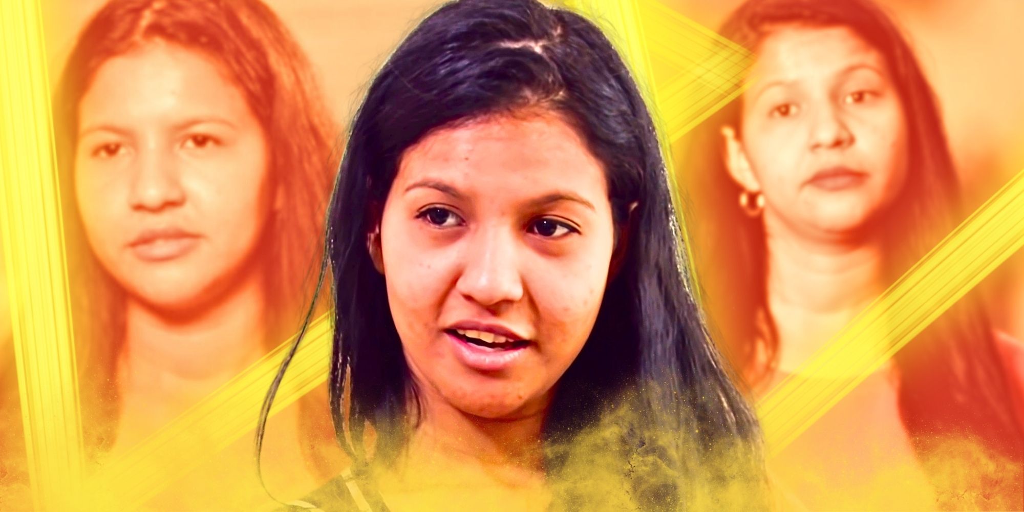 Montage of 90 Day Fiancé's Karine Martins side by side picture yellow background