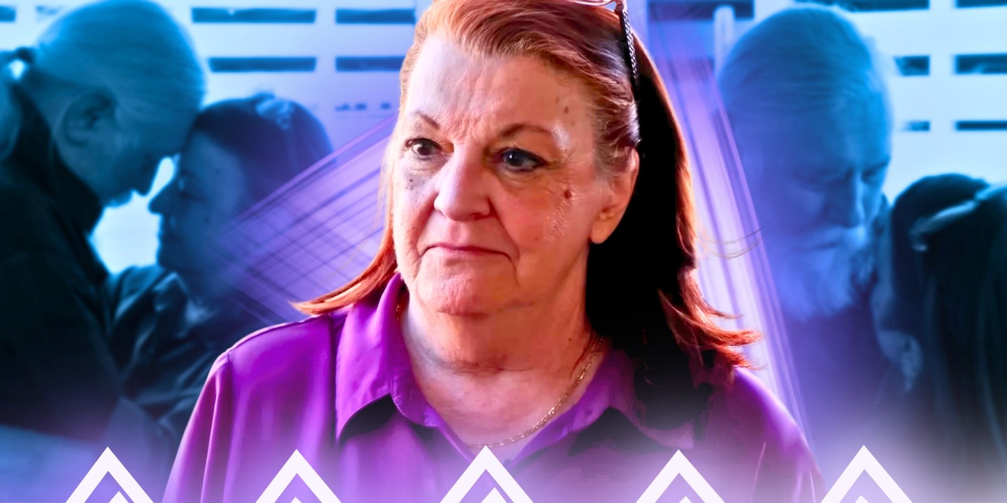 90 Day Fiancé Debbie Johnson looking angry and wearing purple shirt with faded photos of her and Tony in the back