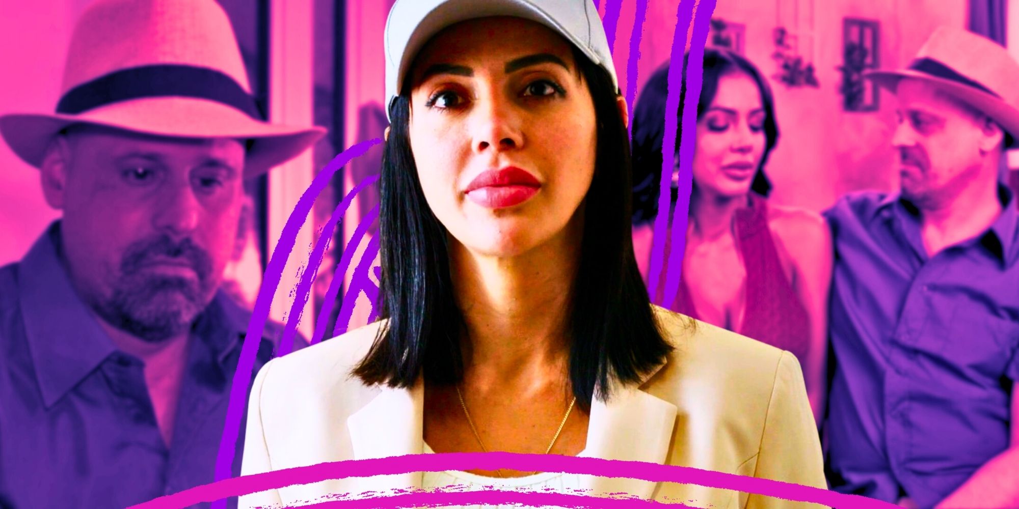 90 Day Fiancé star Jasmine Pineda in white blazer and cap with Gino Palazzolo&rsquo;s faded photos behind her in pink shade