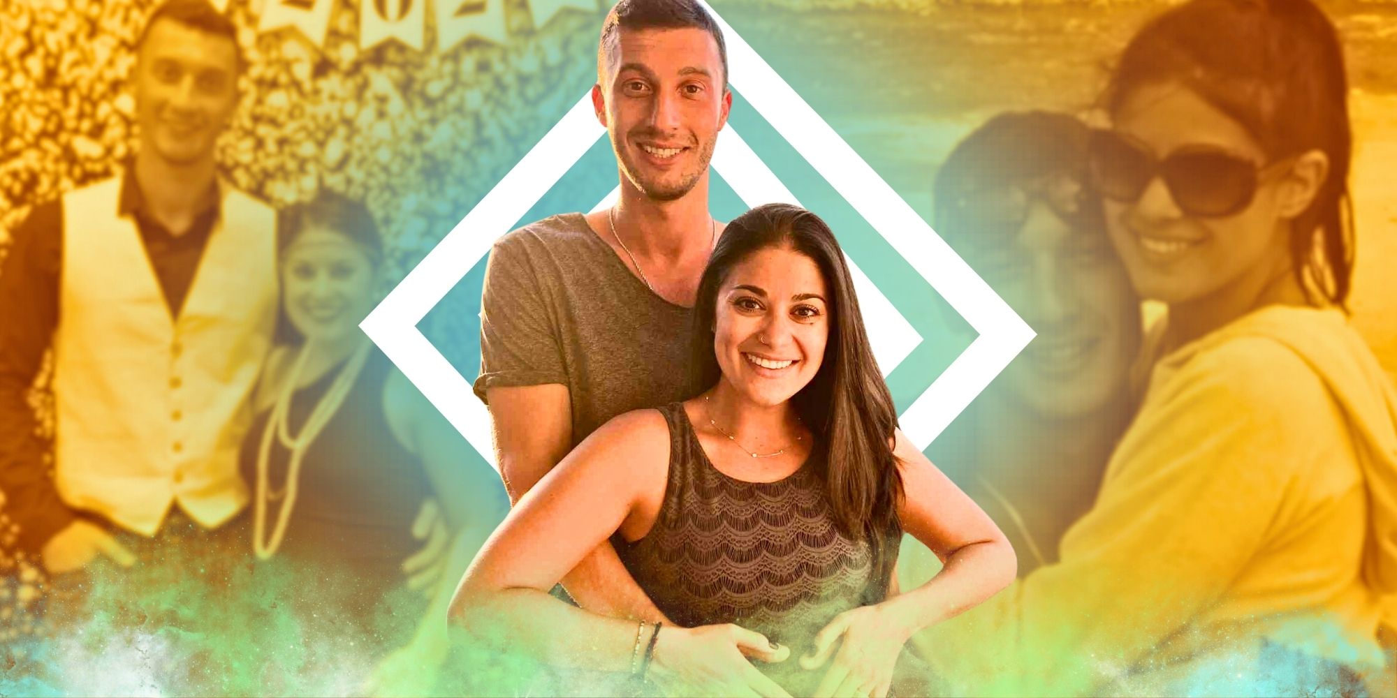 90 Day Fiance's Loren and Alexei Brovarnik hugging each other and smiling with yellow filtered background