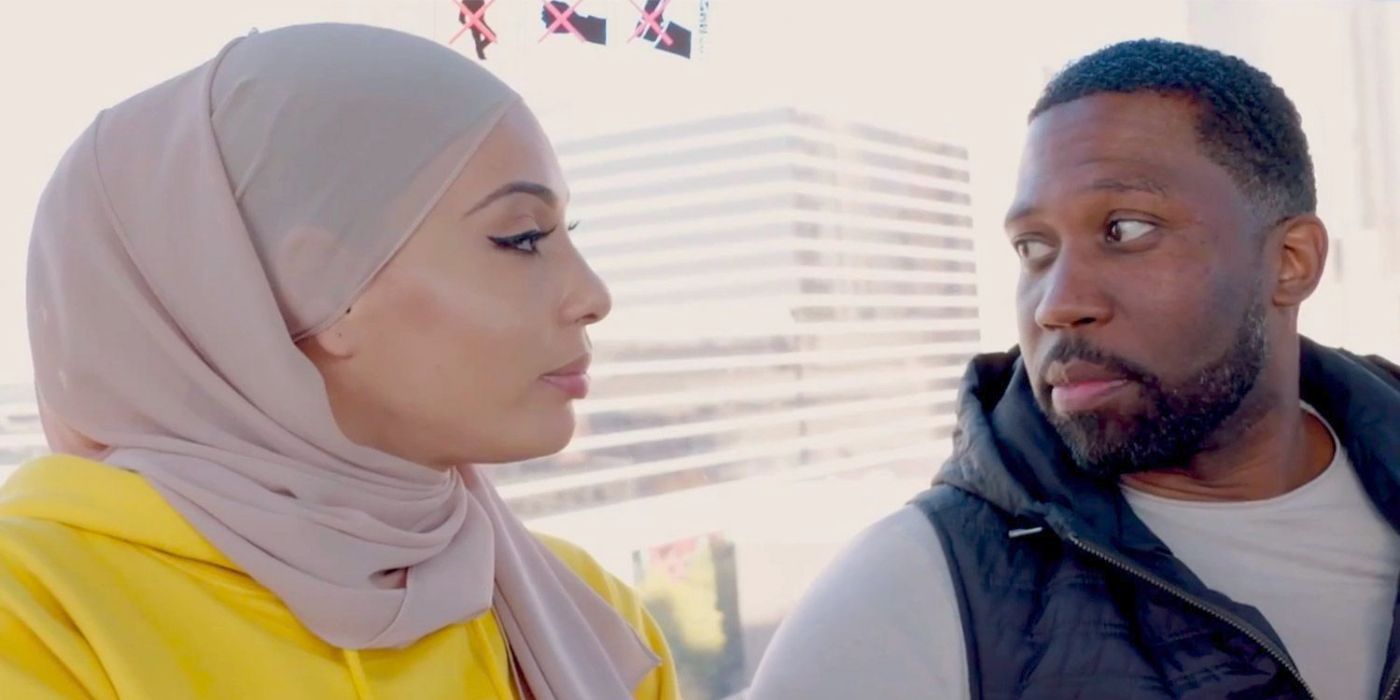 Montage Of 90 Day Fiancé Bilal Hazziez looking at Shaeeda Sween wearing scarf and yellow dress