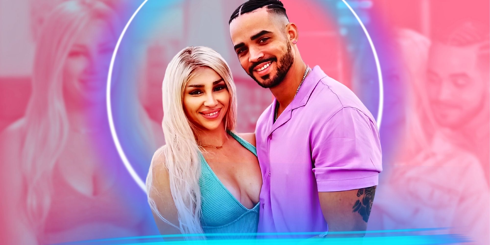 Montage of 90 Day Fiancé’s Sophie & Rob smiling in montage with pink background