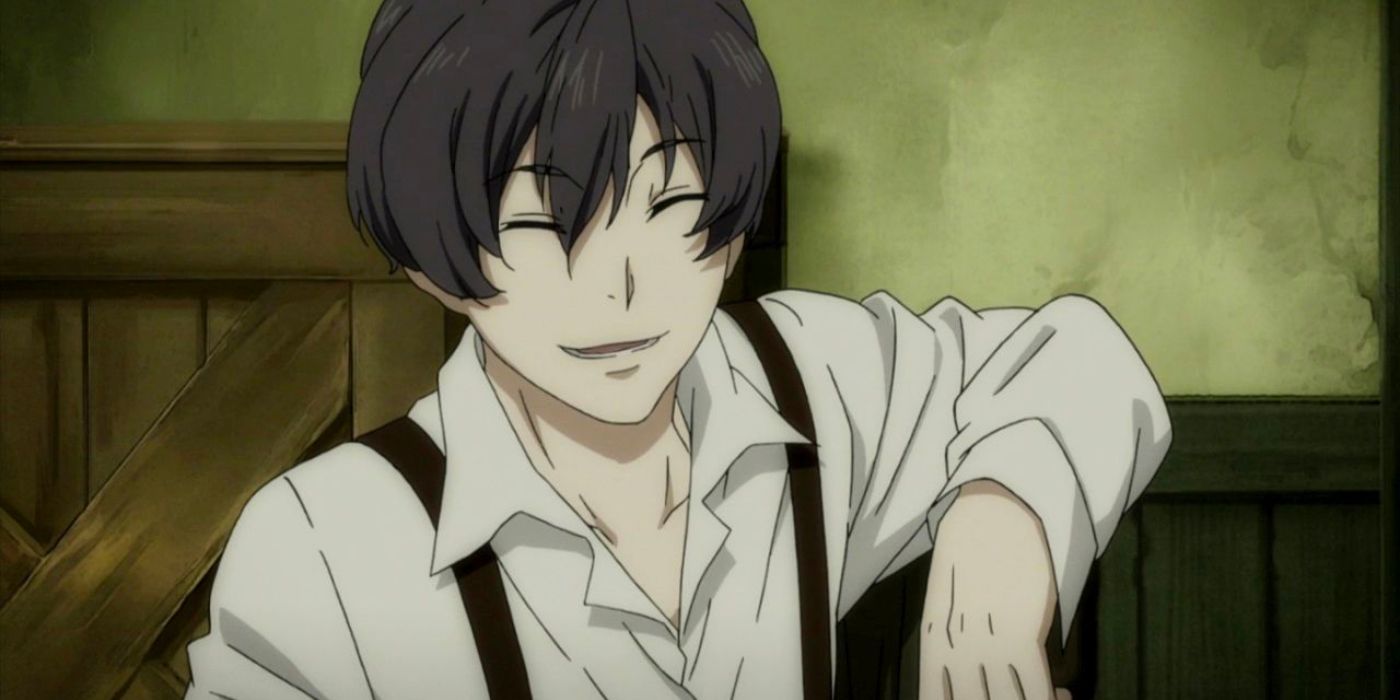 91 Days anime still showing the main character leaning against wooden crates smiling