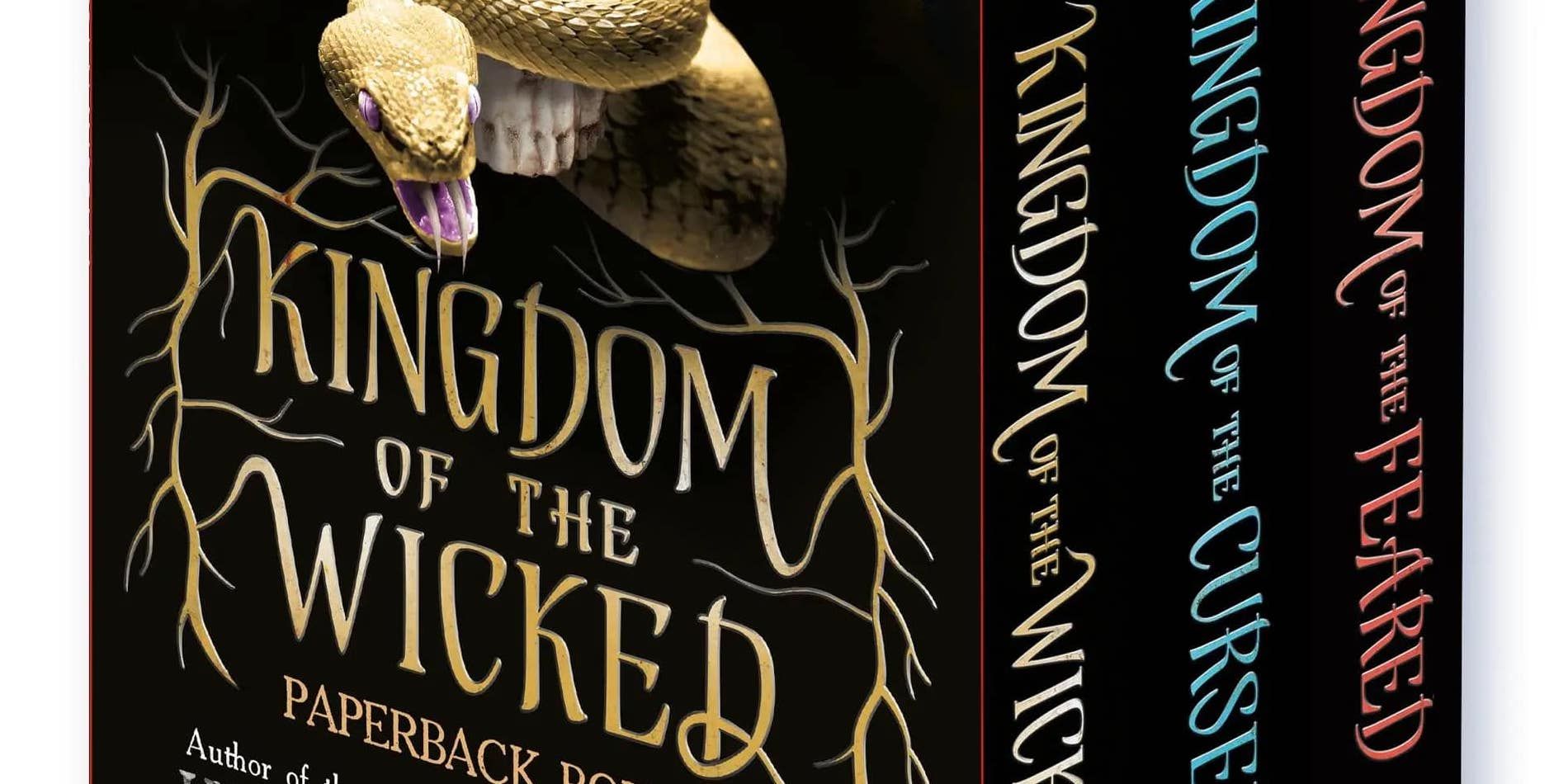 Capa do livro Kingdom of the Wicked em um box set da série.