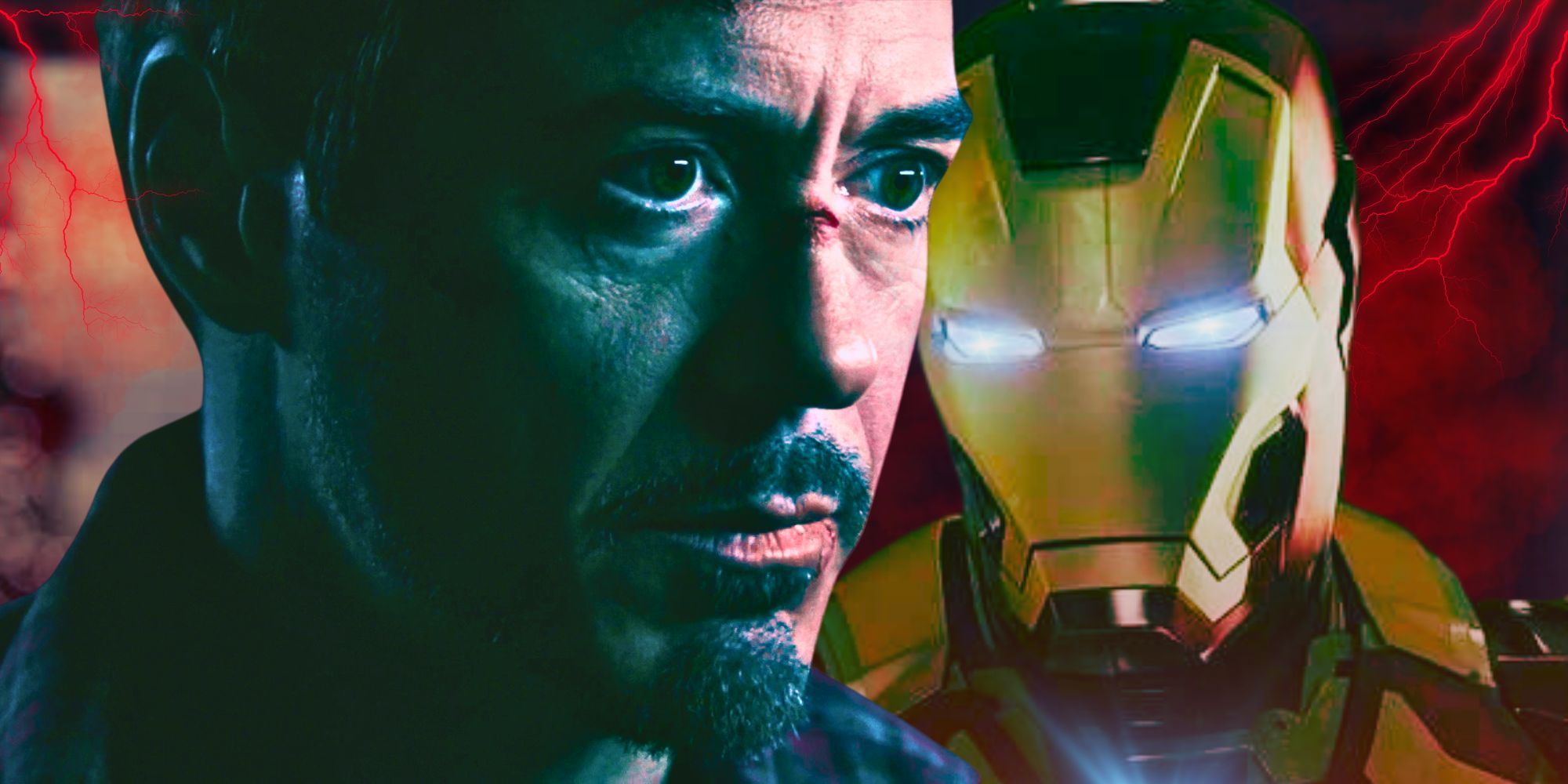 A split image of Tony Stark and Iron Man in the MCU