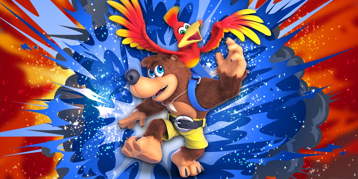 Banjo and Kazooie jump through an explosive blue and orange background.