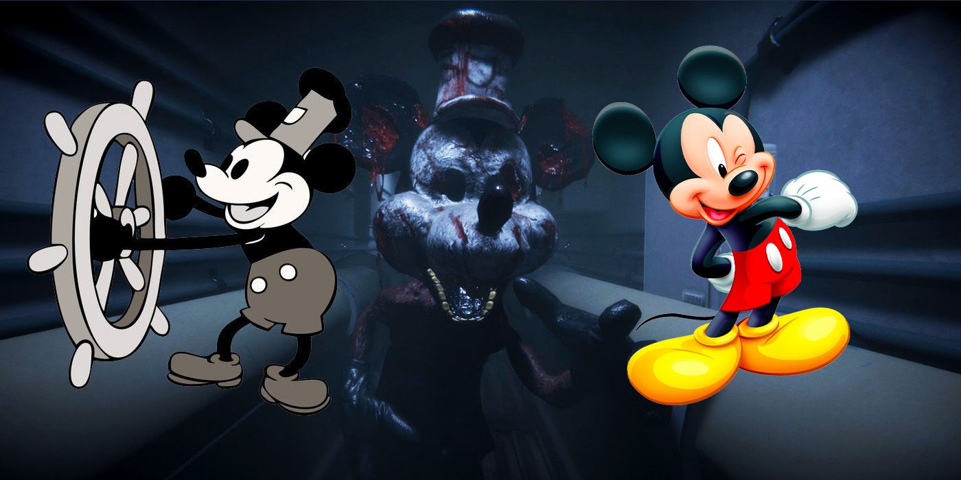 Steamboat Willie and Mickey Mouse with a deformed and scary mouse in the center of the image covered in blood. 
