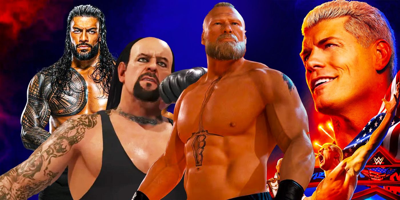 A collage of Roman Reigns, the Undertaker, Brock Lesnar, and Cody Rhodes as they appear in various WWE games.