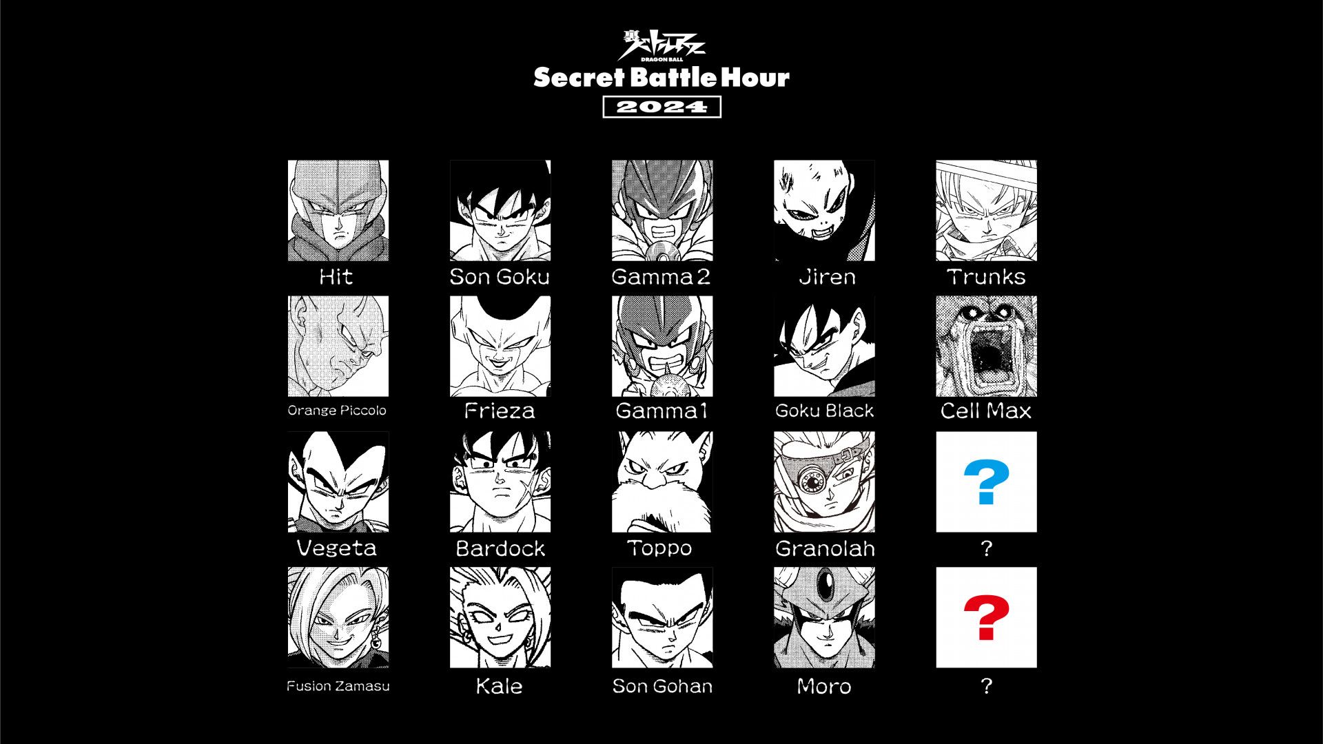 Hit, Son Goku, Gamma, Jiren, Trunk, Orange Piccolo, Freiza, Goku Black, Cell Max, Vegeta, Bardok, Toppo, Granolah, Fusion Zamasu, Kale, Son Gohan, Moro face shots for online tournament