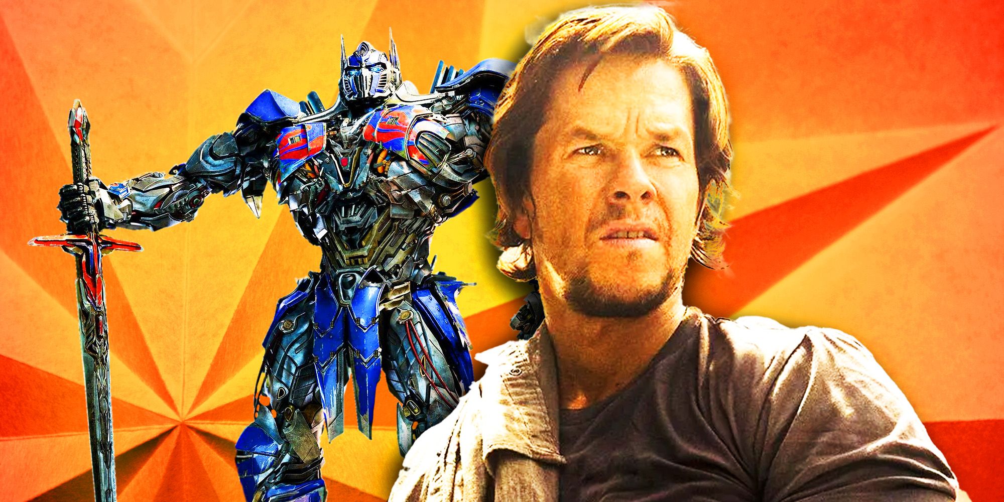Optimus Prime and Mark Wahlberg from Transformers The Last Knight
