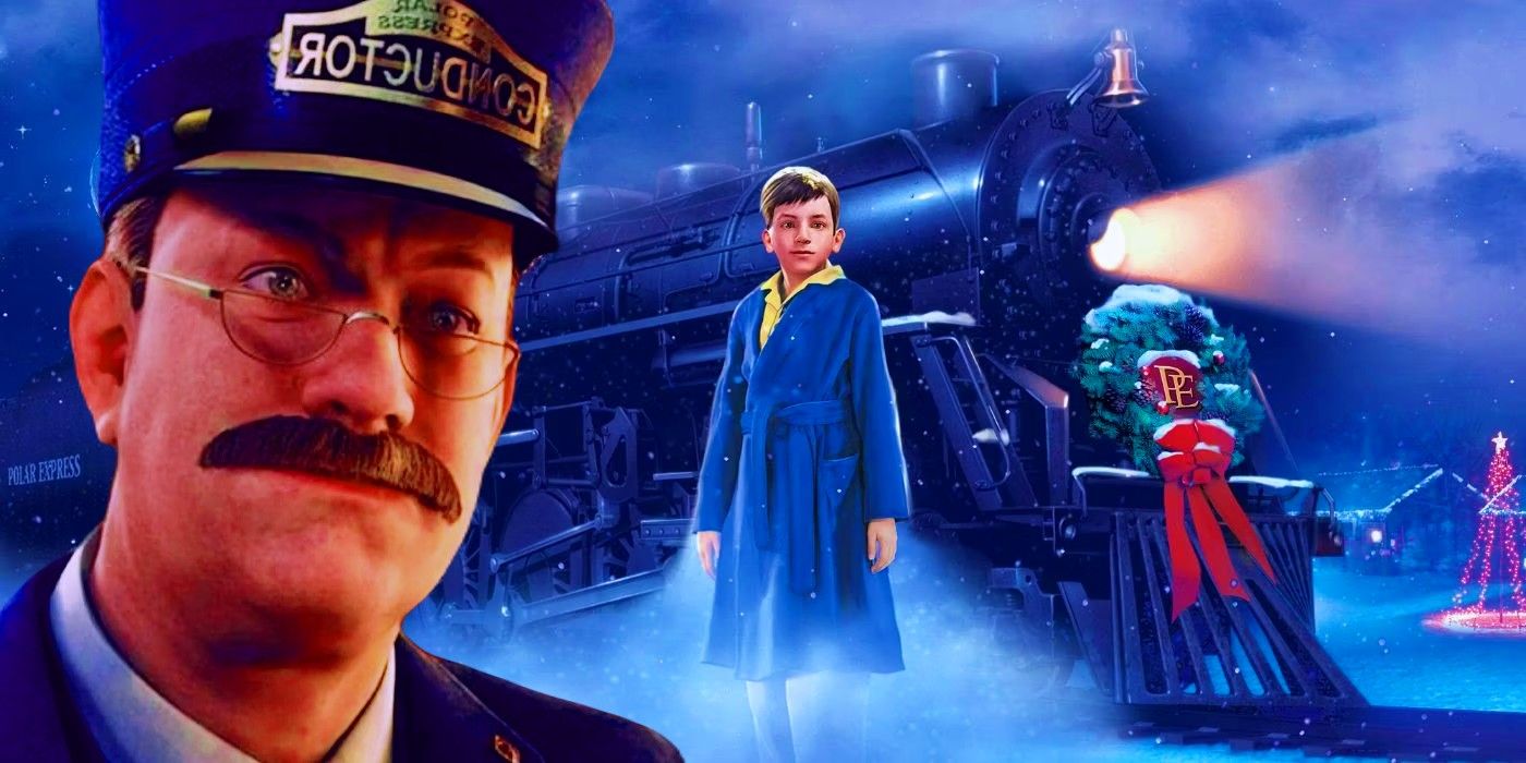 Hero Boy standing in front of a train next to the Conductor in The Polar Express