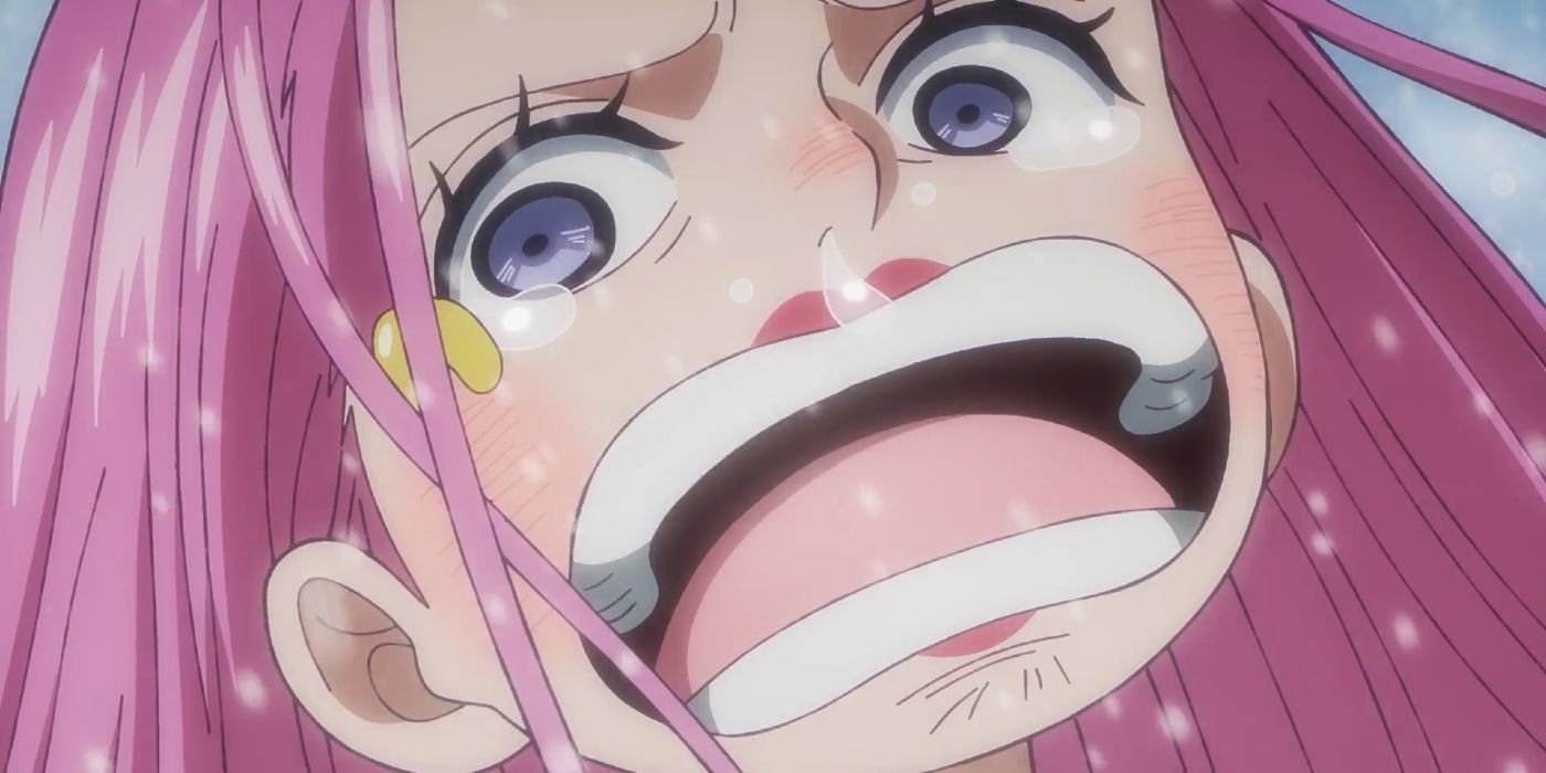 a close up of Bonney crying in child form in One Piece