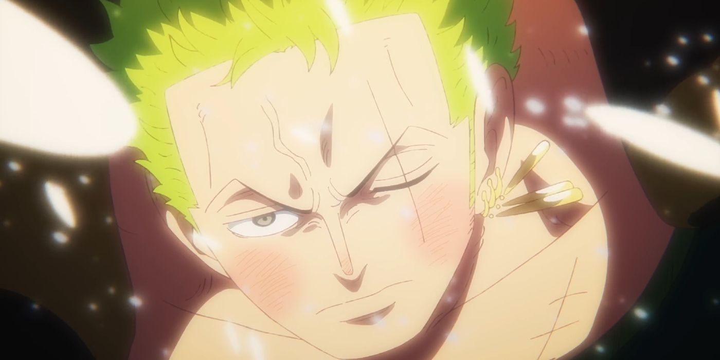 A close up of Zoro in One Piece with his cheekls red from the cold