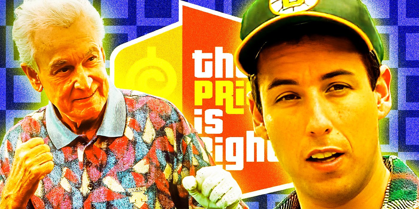 A collage of Bob Barker and Adam Sandler in Happy Gilmore overtop a Price is Right title card