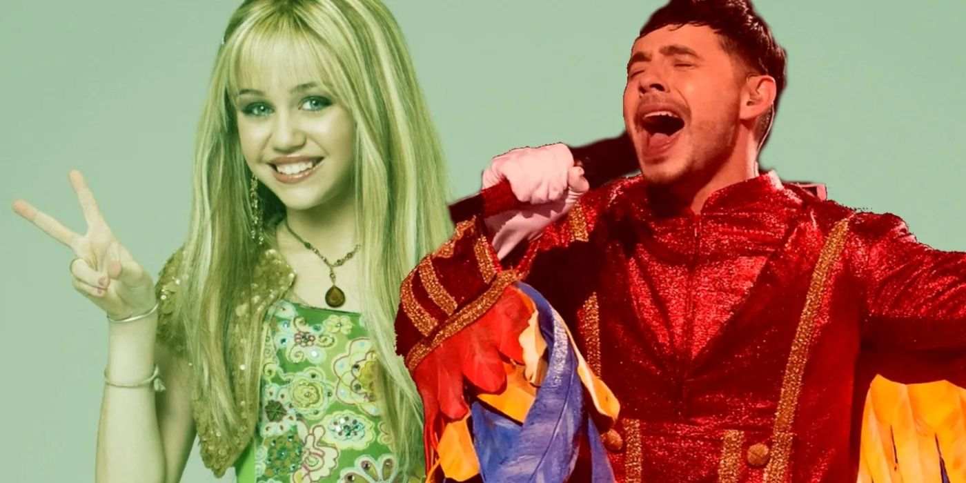 A collage of Hannah Montana (Miley Cyrus) giving the peace sign and David Archetula singing
