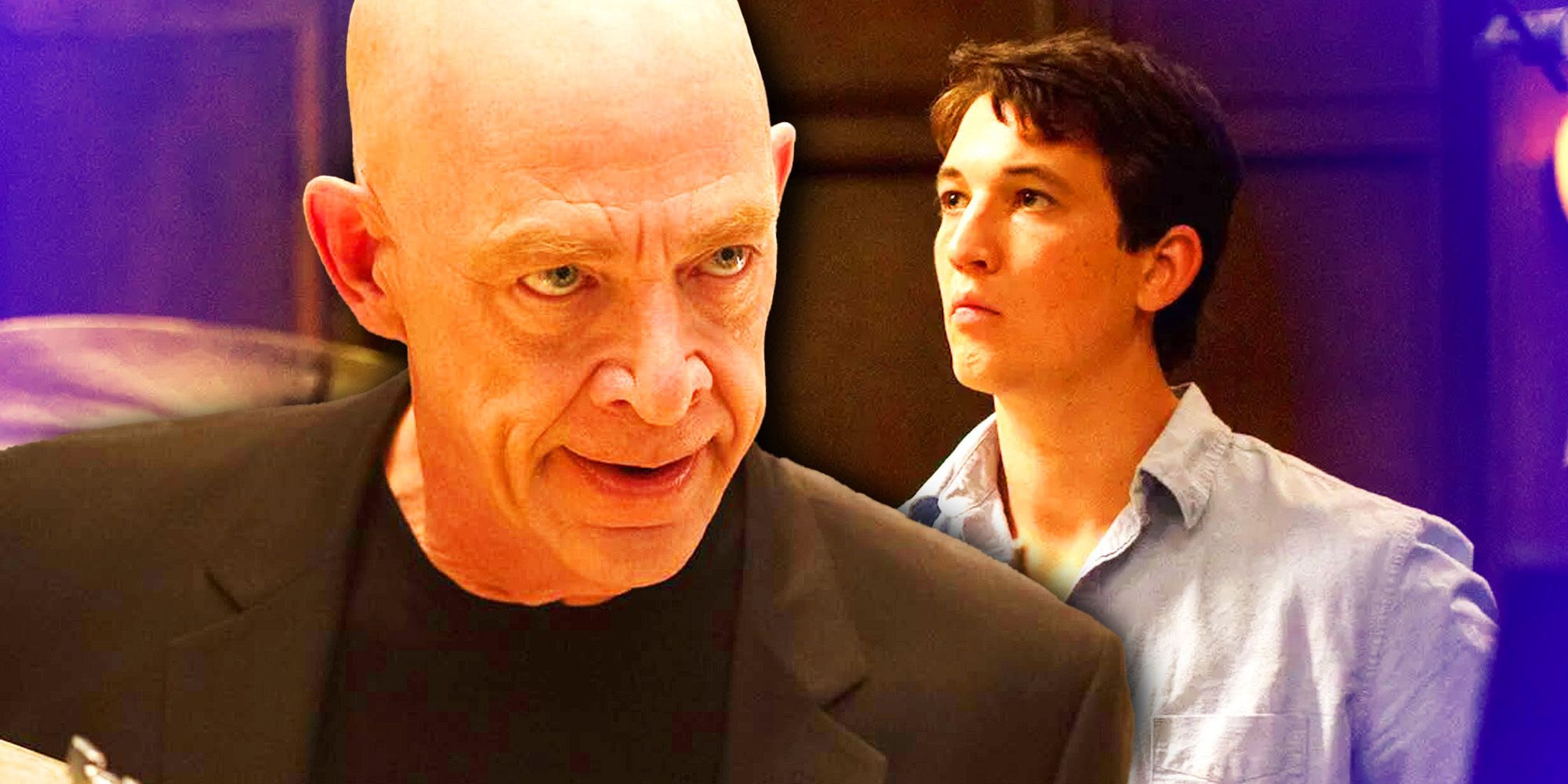 A collage of Terence Fletcher (JK Simmons) glaring and Andrew Neiman (Miles Teller) lookng worried in Whiplash