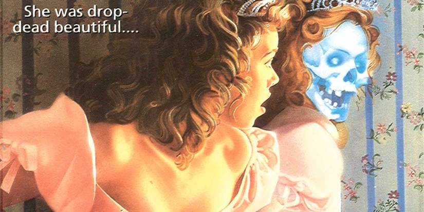 A Girl in a Prom Dress Looking at Herself with a Skull Face on the Book Cover for Fear Street The Prom Queen