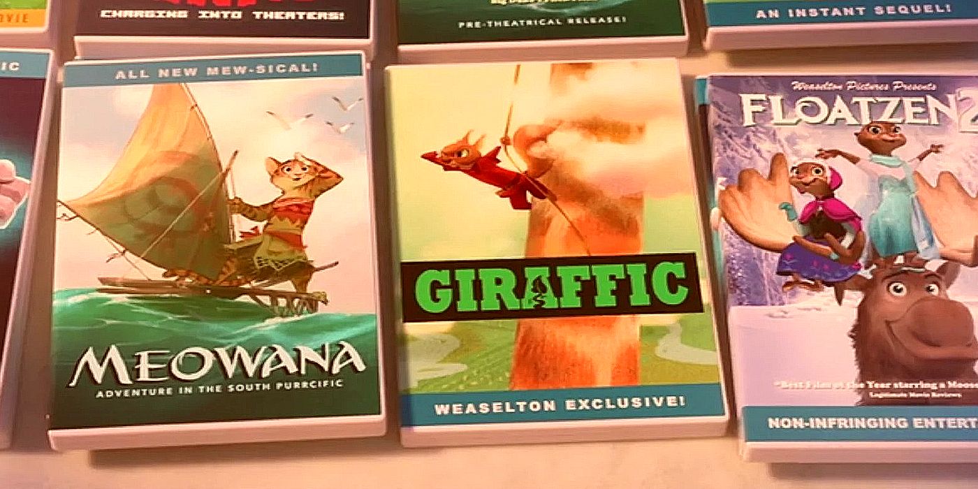 A line of Bootleg DVDs that have titles like Meowana, Giraffic, and Floatzen 2 from Zootopia.