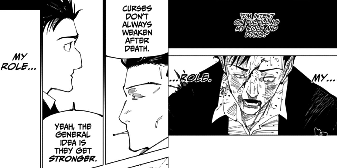 a panel of Kusakabe and Higuruma talking about curses and a panel of Higuruma talking about fulfilling his role in Jujutsu Kaisen