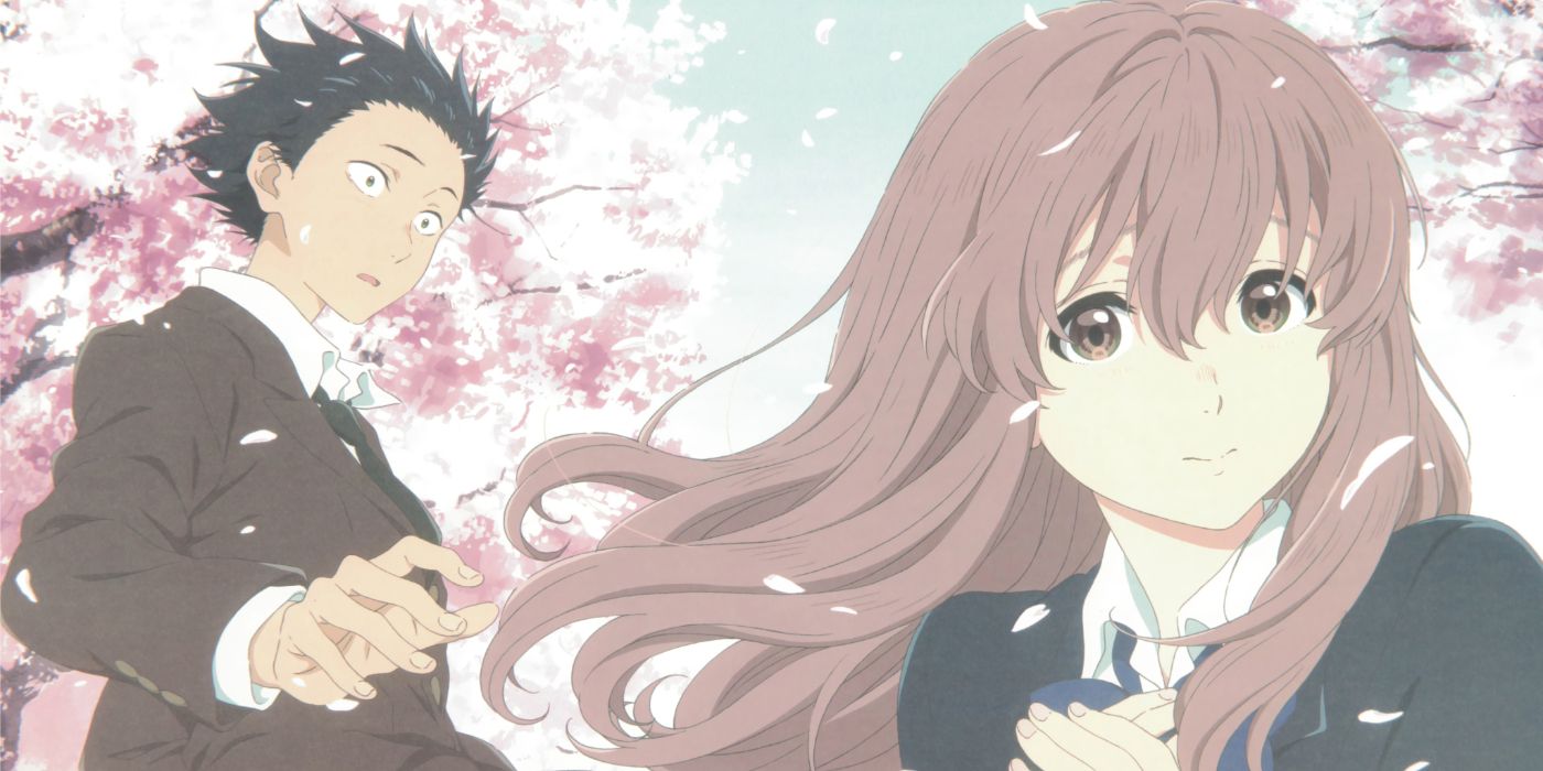 A Silent Voice Shouya reaching out to Shouko, while she is looking towards the camera, surrounded by the petals of the cherry blossom trees