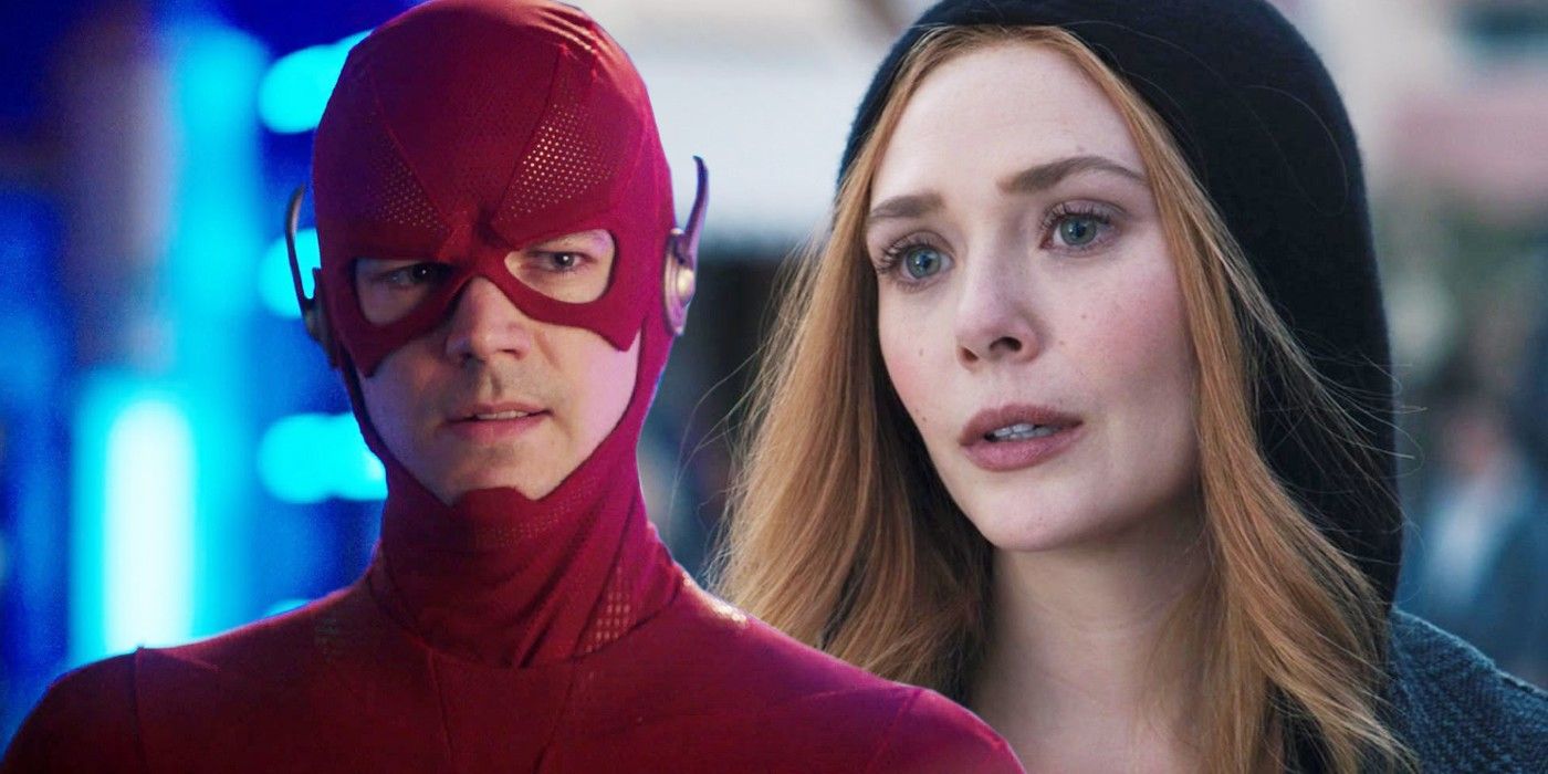 A split image of Barry Allen in The Flash series finale and Scarlet Witch in the WandaVision series finale