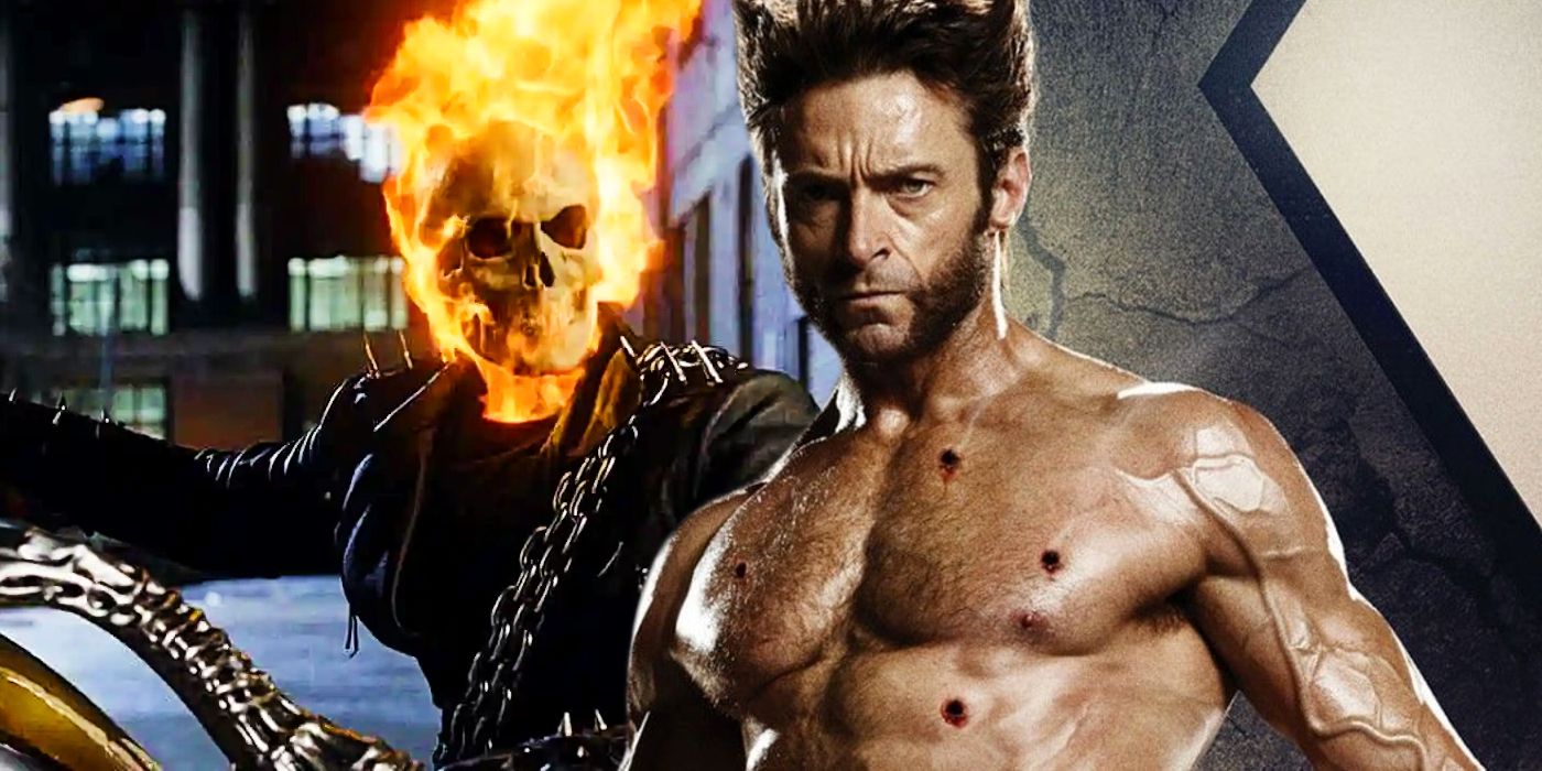 A split image of Ghost Rider on his bike in the 2007 movie, and Hugh Jackman’s Wolverine on an X-Men poster