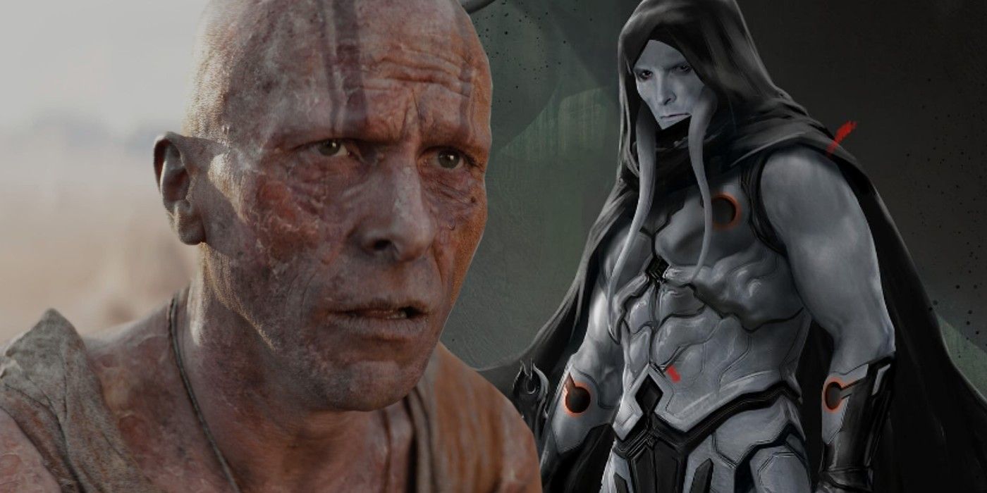 A split image of Gorr from Thor Love and Thunder and unused concept art for the character