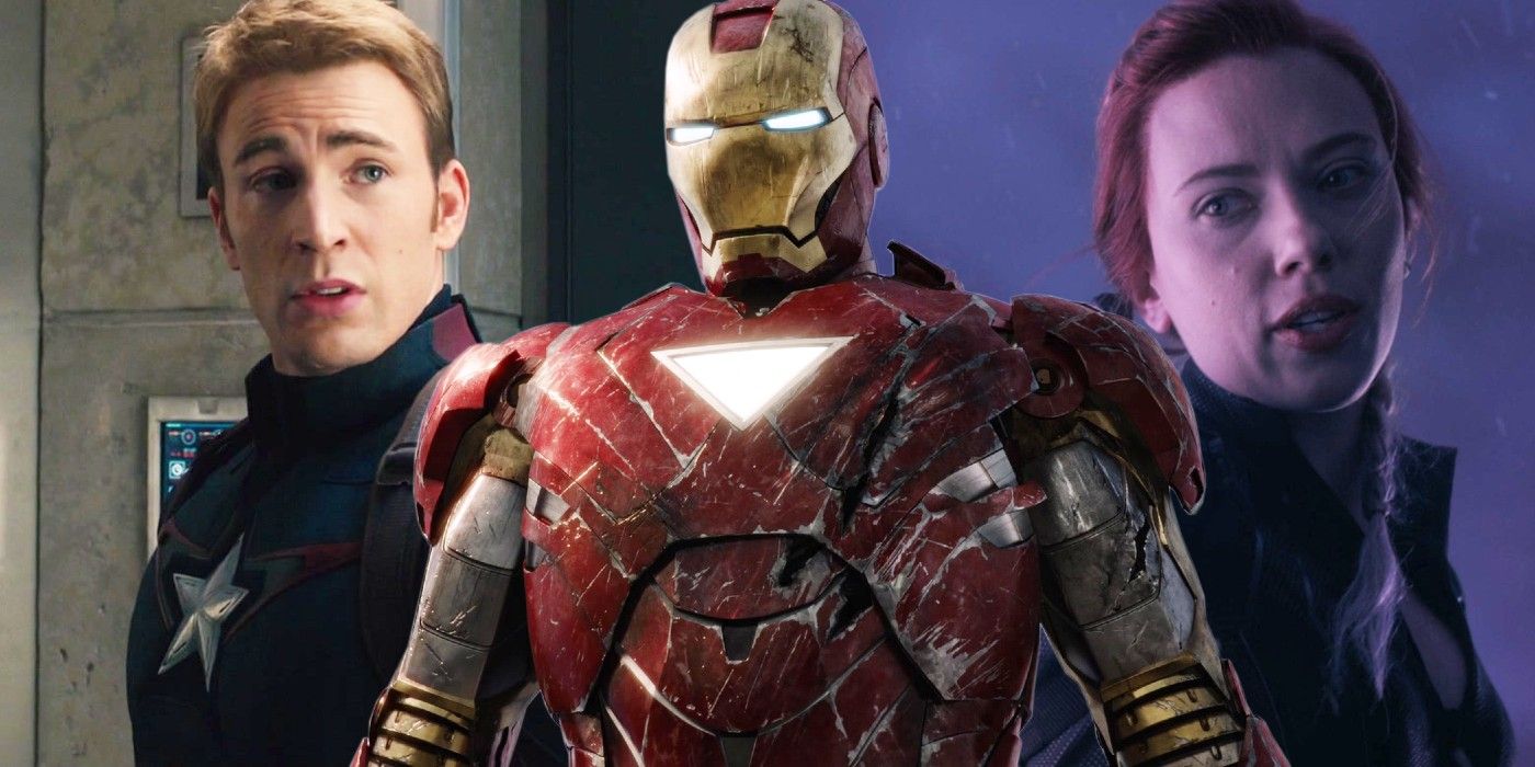 A split image of Iron Man flanked by Captain America and Black Widow across various Avengers movies