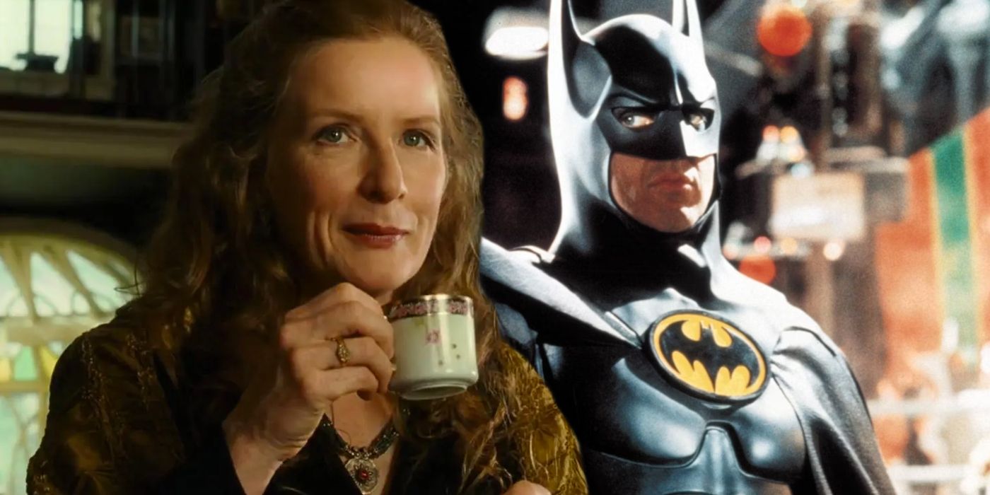 A split image of Ophelia in Catwoman (2004) drinking tea and Batman looking threatening in Batman Returns